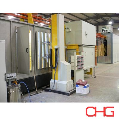 Ligne de production de revêtement en poudre pour profils avec pistolets à pulvérisation électrostatique